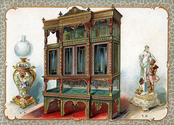 Catalogue illustration, ornate cupboard, lamp, ornament