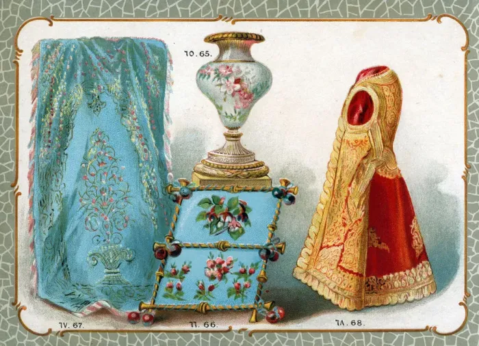Framed Print : Catalogue illustration, vase, embroidery, carpet, costume Framed Print : Catalogue illustration, vase, embroidery, carpet, costume