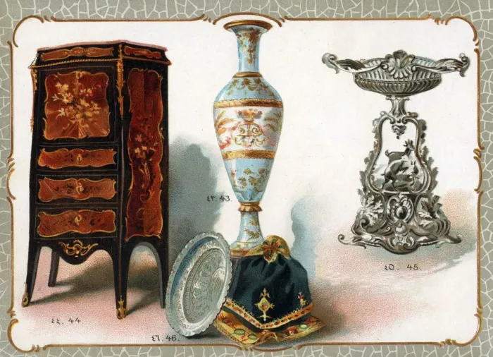 Framed Print : Catalogue illustration, vase, writing desk, ornament, plate Framed Print : Catalogue illustration, vase, writing desk, ornament, plate