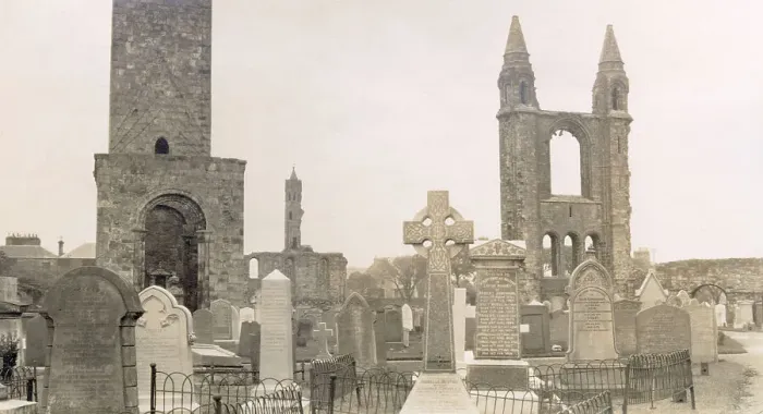 Framed Print : Cathedral of St Andrew, St Andrews, Fife, Scotland, with ruins of Chapel of St Regulus (St Rule), viewed from the east. Date: 1930s Framed Print : Cathedral of St Andrew, St Andrews, Fife, Scotland, with ruins of Chapel of St Regulus (St Rule), viewed from the east. Date: 1930s