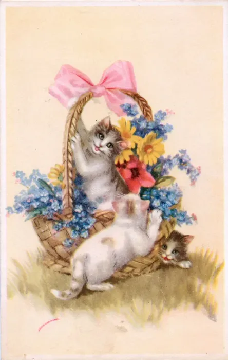 Framed Print : Cats with a basket of flowers on a postcard Framed Print : Cats with a basket of flowers on a postcard