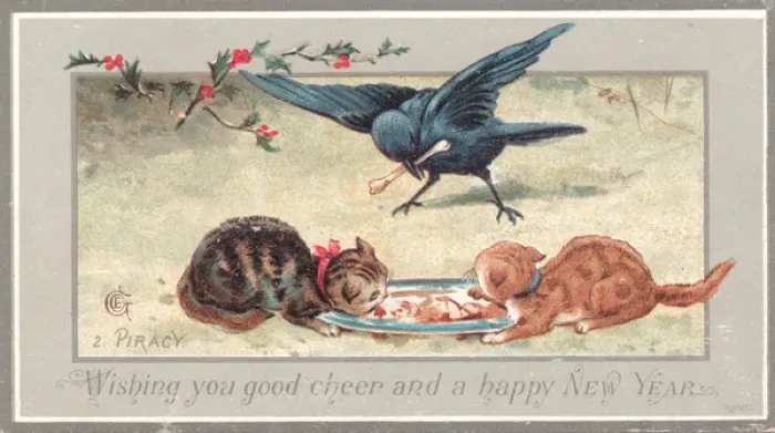 Framed Print : Two cats and a bird on a New Year card Framed Print : Two cats and a bird on a New Year card