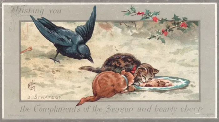 Framed Print : Two cats and a bird on a New Year card Framed Print : Two cats and a bird on a New Year card
