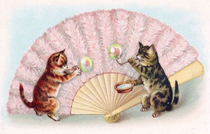 Framed Print : Two cats blowing bubbles on a greetings postcard Framed Print : Two cats blowing bubbles on a greetings postcard