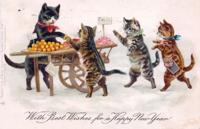 Framed Print : Cats buying fruit on a New Year postcard Framed Print : Cats buying fruit on a New Year postcard