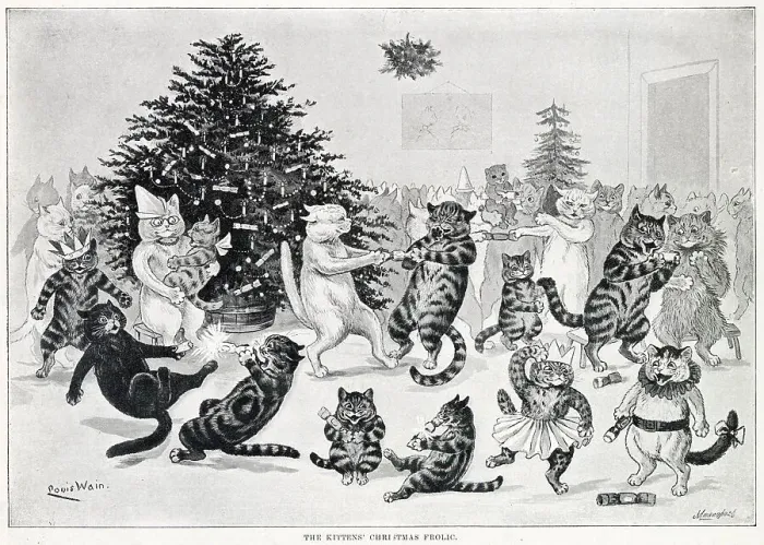 Framed Print : Cats at Christmas pulling crackers and dancing. Date: 1894 Framed Print : Cats at Christmas pulling crackers and dancing. Date: 1894