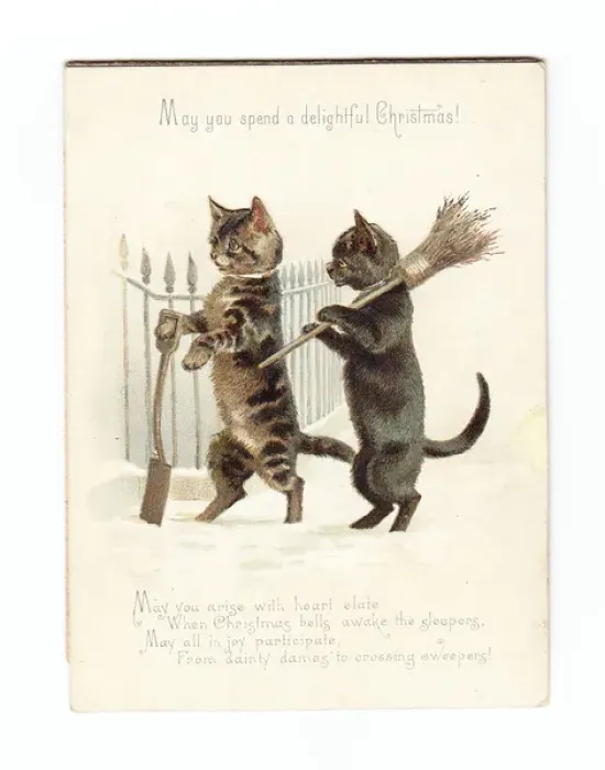 Framed Print : Two cats clearing snow on a movable Christmas card Framed Print : Two cats clearing snow on a movable Christmas card