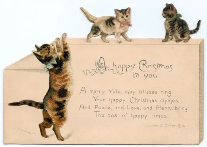 Framed Print : Three cats on a cutout Christmas card Framed Print : Three cats on a cutout Christmas card
