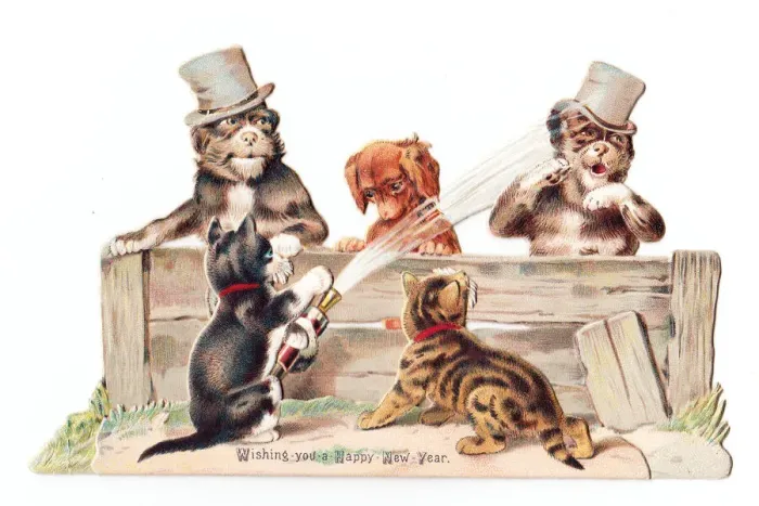 Framed Print : Cats and dogs with hosepipe on a cutout New Year card Framed Print : Cats and dogs with hosepipe on a cutout New Year card