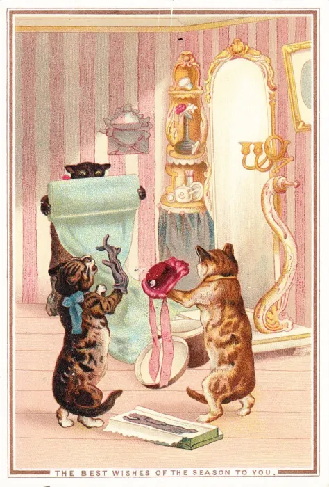 Framed Print : Cats in a dress shop on a Christmas card Framed Print : Cats in a dress shop on a Christmas card