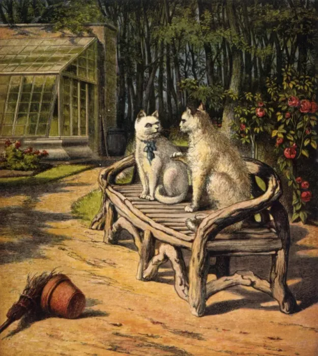 Framed Print : Two Cats on Garden Bench Framed Print : Two Cats on Garden Bench