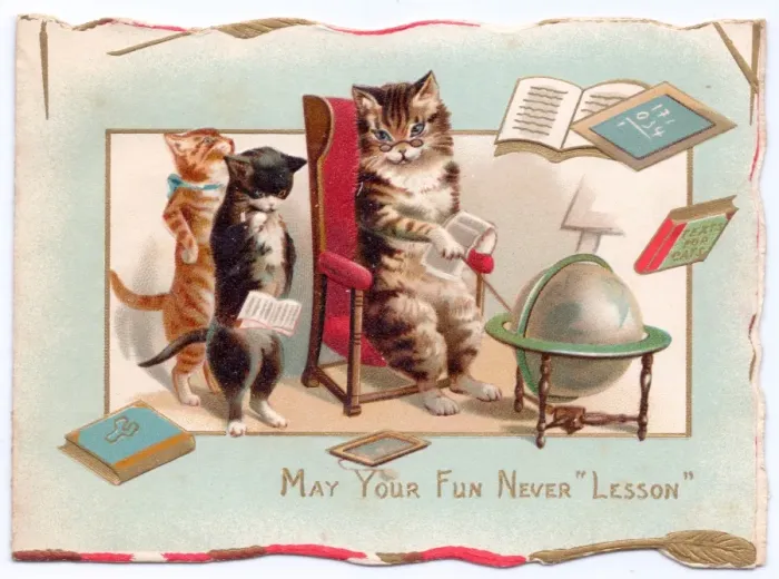 Framed Print : Three cats with globe on a greetings card Framed Print : Three cats with globe on a greetings card