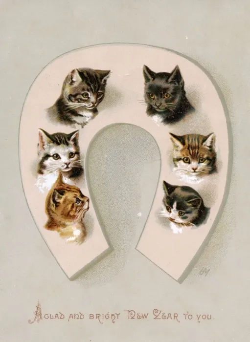 Framed Print : Six cats on a horseshoe on a New Year card Framed Print : Six cats on a horseshoe on a New Year card