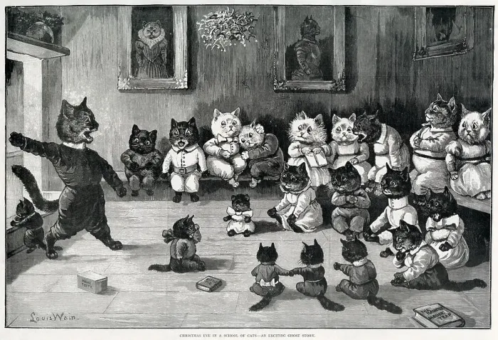 Framed Print : Cats as humans being told scary stories of ghosts on Christmas Eve by their teacher. Date: 1895 Framed Print : Cats as humans being told scary stories of ghosts on Christmas Eve by their teacher. Date: 1895