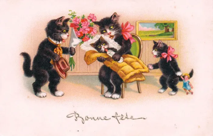 Framed Print : Cats and kittens on a French birthday postcard Framed Print : Cats and kittens on a French birthday postcard