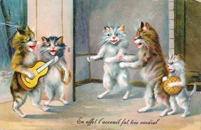 Framed Print : Five cats meeting on a French postcard Framed Print : Five cats meeting on a French postcard