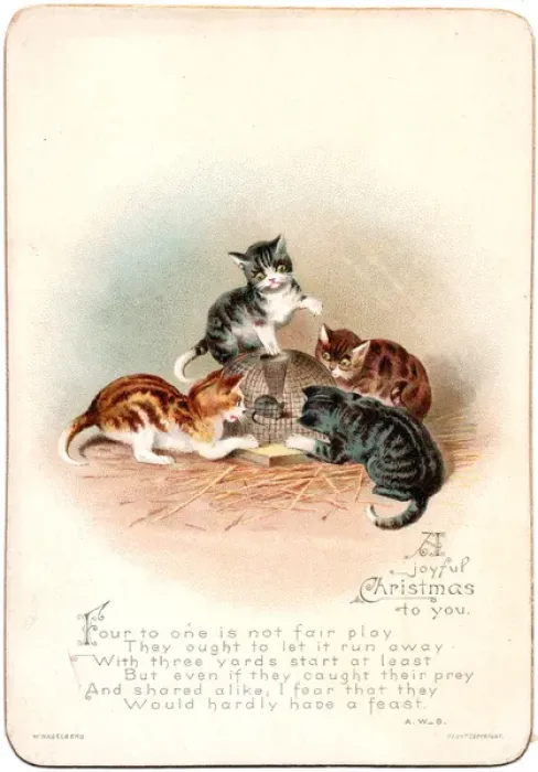 Framed Print : Four cats and a mouse on a Christmas card Framed Print : Four cats and a mouse on a Christmas card