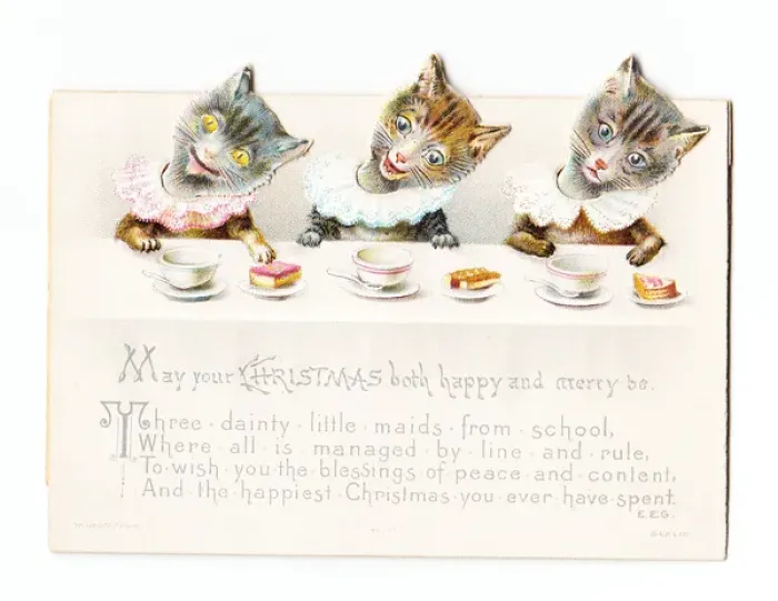 Framed Print : Three cats with moveable heads on a Christmas card Framed Print : Three cats with moveable heads on a Christmas card