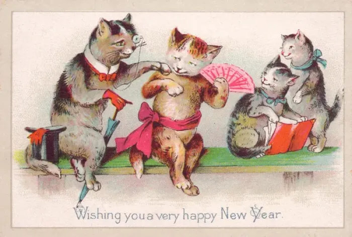 Framed Print : Four cats on a New Year card Framed Print : Four cats on a New Year card