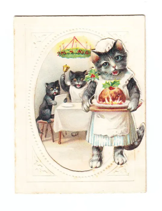 Framed Print : Three cats with pudding on a Christmas card Framed Print : Three cats with pudding on a Christmas card