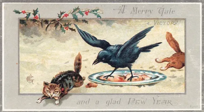 Framed Print : Two cats running from a bird on a New Year card Framed Print : Two cats running from a bird on a New Year card