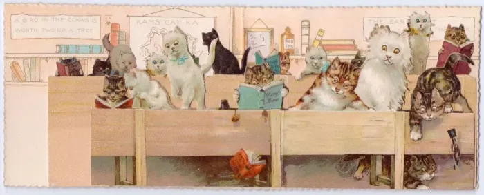 Framed Print : Cats in a schoolroom on a greetings card Framed Print : Cats in a schoolroom on a greetings card