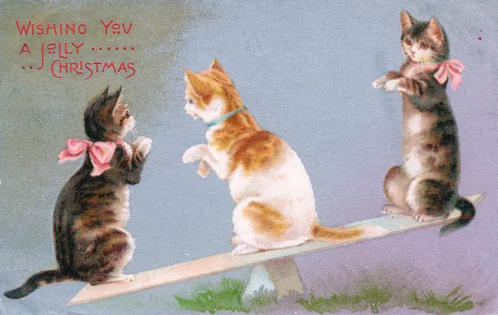 Framed Print : Three cats seesawing on a Christmas postcard Framed Print : Three cats seesawing on a Christmas postcard