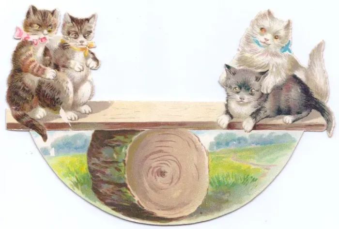 Framed Print : Four cats seesawing on a greetings card Framed Print : Four cats seesawing on a greetings card