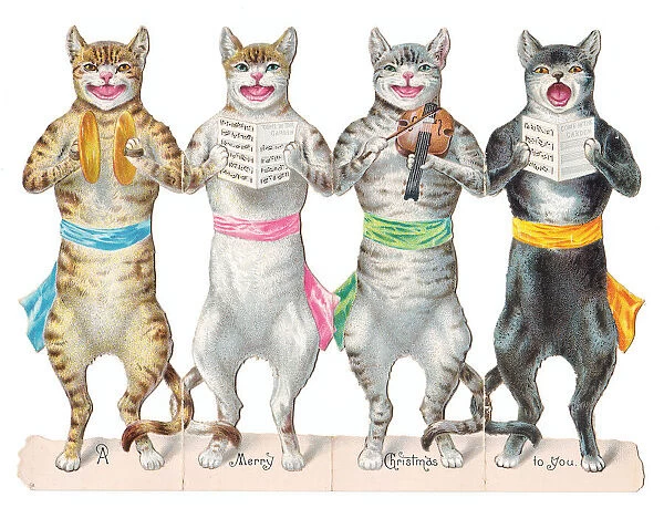 Four cats singing and playing on a cutout Christmas card