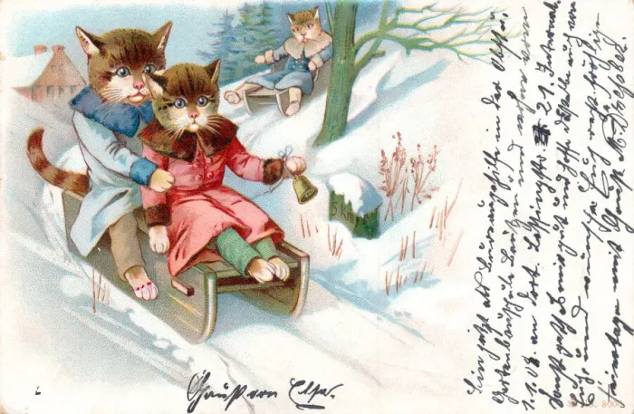 Framed Print : Cats on sleds in the snow on a postcard Framed Print : Cats on sleds in the snow on a postcard