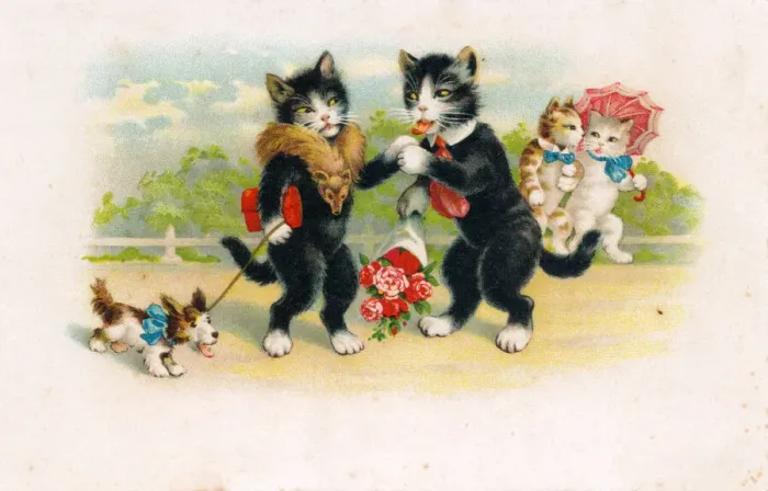 Framed Print : Cats out for a walk on a French postcard Framed Print : Cats out for a walk on a French postcard