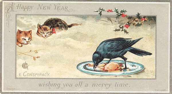 Two cats watching a bird on a New Year card