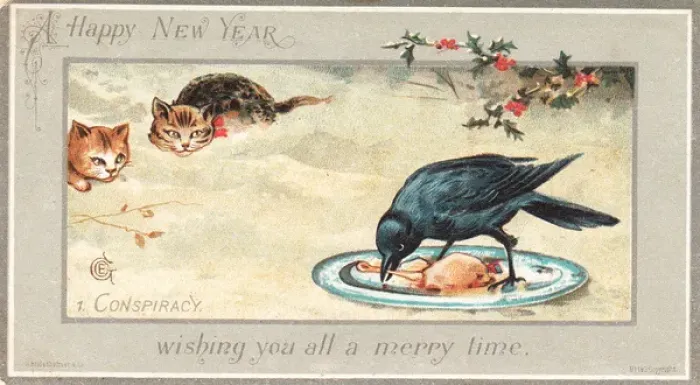 Framed Print : Two cats watching a bird on a New Year card Framed Print : Two cats watching a bird on a New Year card