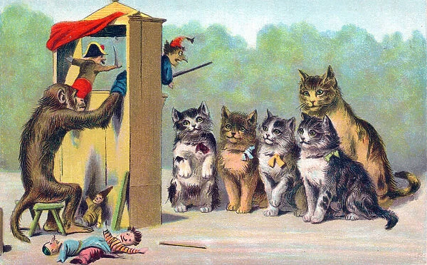 Cats watching a puppet show on a postcard