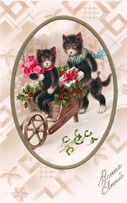 Framed Print : Two cats with wheelbarrow on a French New Year postcard Framed Print : Two cats with wheelbarrow on a French New Year postcard
