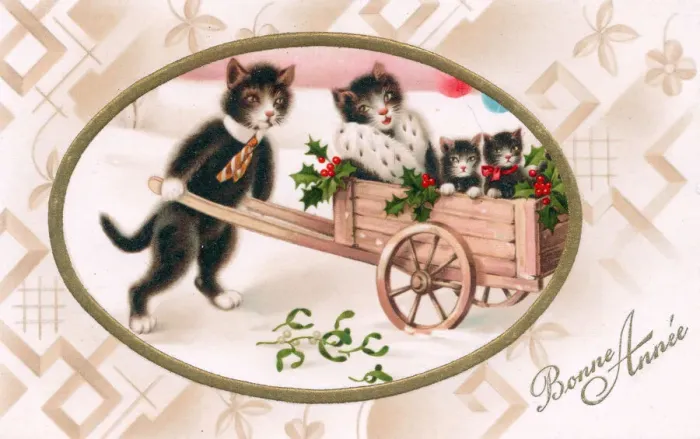 Framed Print : Cats with wheelbarrow on a French New Year postcard Framed Print : Cats with wheelbarrow on a French New Year postcard