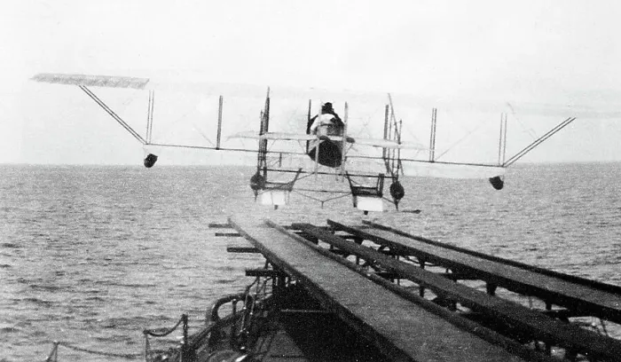 Framed Print : Caudron G11 biplane taking off from HMS Hermes early 1900s Framed Print : Caudron G11 biplane taking off from HMS Hermes early 1900s