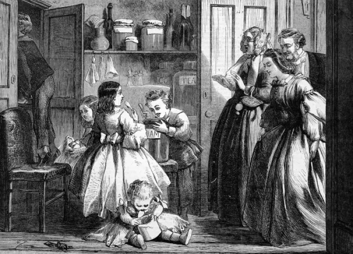 Framed Print : Caught. Children discovered in a larder or pantry by their parents Framed Print : Caught. Children discovered in a larder or pantry by their parents