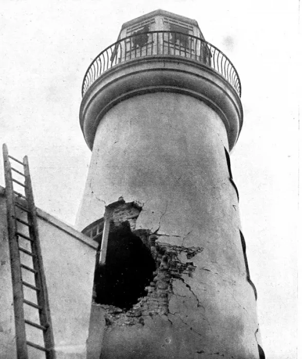Framed Print : Caused by a single German shell: Damage done to Scarborough Lighthouse Framed Print : Caused by a single German shell: Damage done to Scarborough Lighthouse