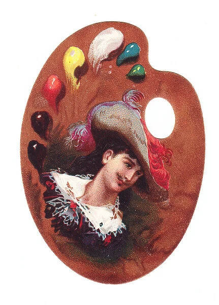 Cavalier man on a palette-shaped greetings card