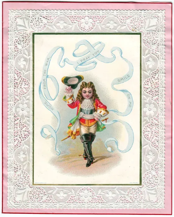 Framed Print : Cavalier soldier home from the war on a Valentine card Framed Print : Cavalier soldier home from the war on a Valentine card