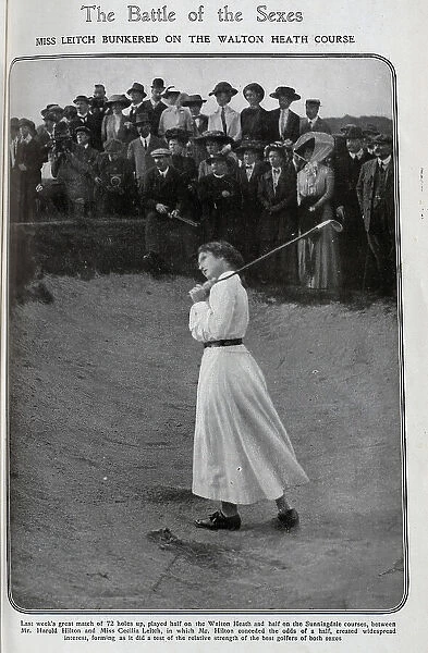 Cecelia Leitch, golfer, outdoor sporting photograph in a bunker, during the match against Harold Hilton. Showing Cecilia Leitch taking a shot, with spectators in background