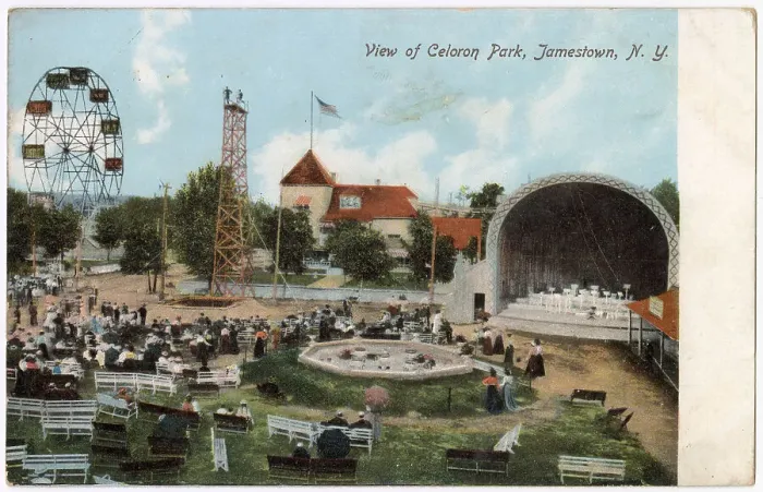 Framed Print : Celoron Park, Jamestown, New York State, USA, with Phoenix ferris wheel from Atlanta Expo 1895 and high diving tower. Now renamed as Lucille Ball Memorial Park. Date: circa 1906 Framed Print : Celoron Park, Jamestown, New York State, USA, with Phoenix ferris wheel from Atlanta Expo 1895 and high diving tower. Now renamed as Lucille Ball Memorial Park. Date: circa 1906