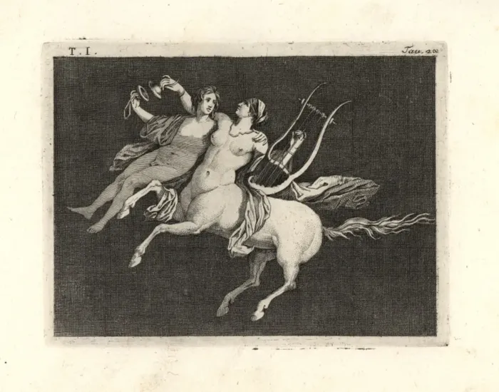 Framed Print : Centauress carrying a young man, playing Framed Print : Centauress carrying a young man, playing
