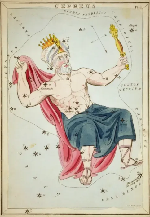 Framed Print : Cepheus. Astronomical chart showing a man in seated posture forming the constellation Framed Print : Cepheus. Astronomical chart showing a man in seated posture forming the constellation