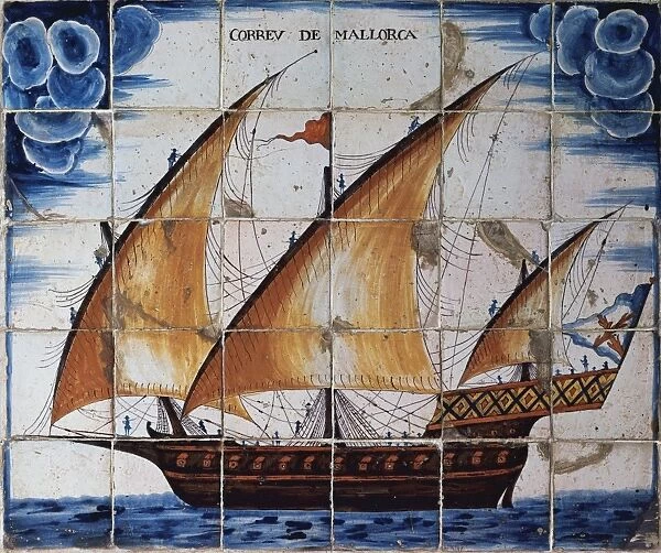 Ceramic panel depicting the Mail of Mallorca, xebec type shi