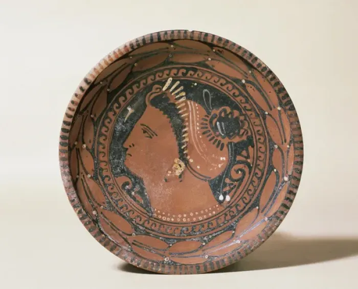 Framed Print : Ceramic plate. Decorated head matron. Greek imitation. 3rd c Framed Print : Ceramic plate. Decorated head matron. Greek imitation. 3rd c