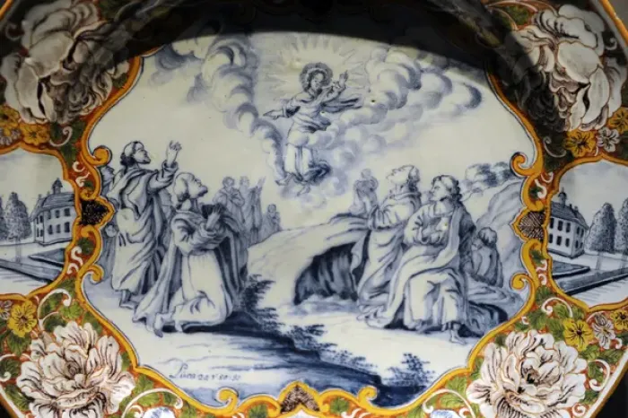 Framed Print : Ceramic. Plate decorated with religious scene. 18th centurie Framed Print : Ceramic. Plate decorated with religious scene. 18th centurie