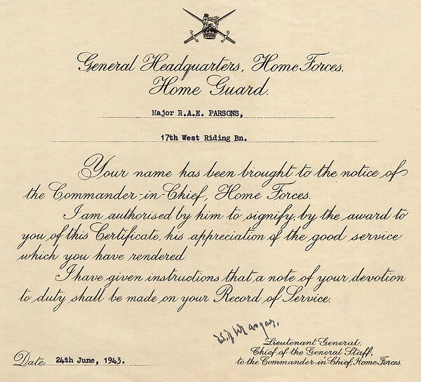 Certificate, General Headquarters, Home Forces