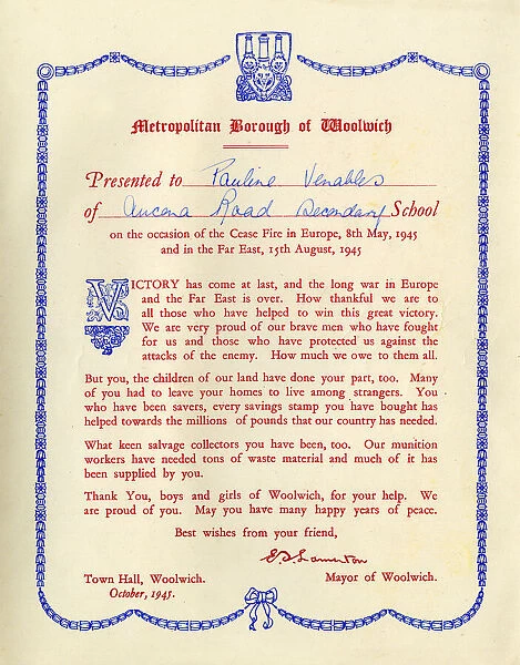 Certificate to schoolchildren from Mayor of Woolwich, WW2